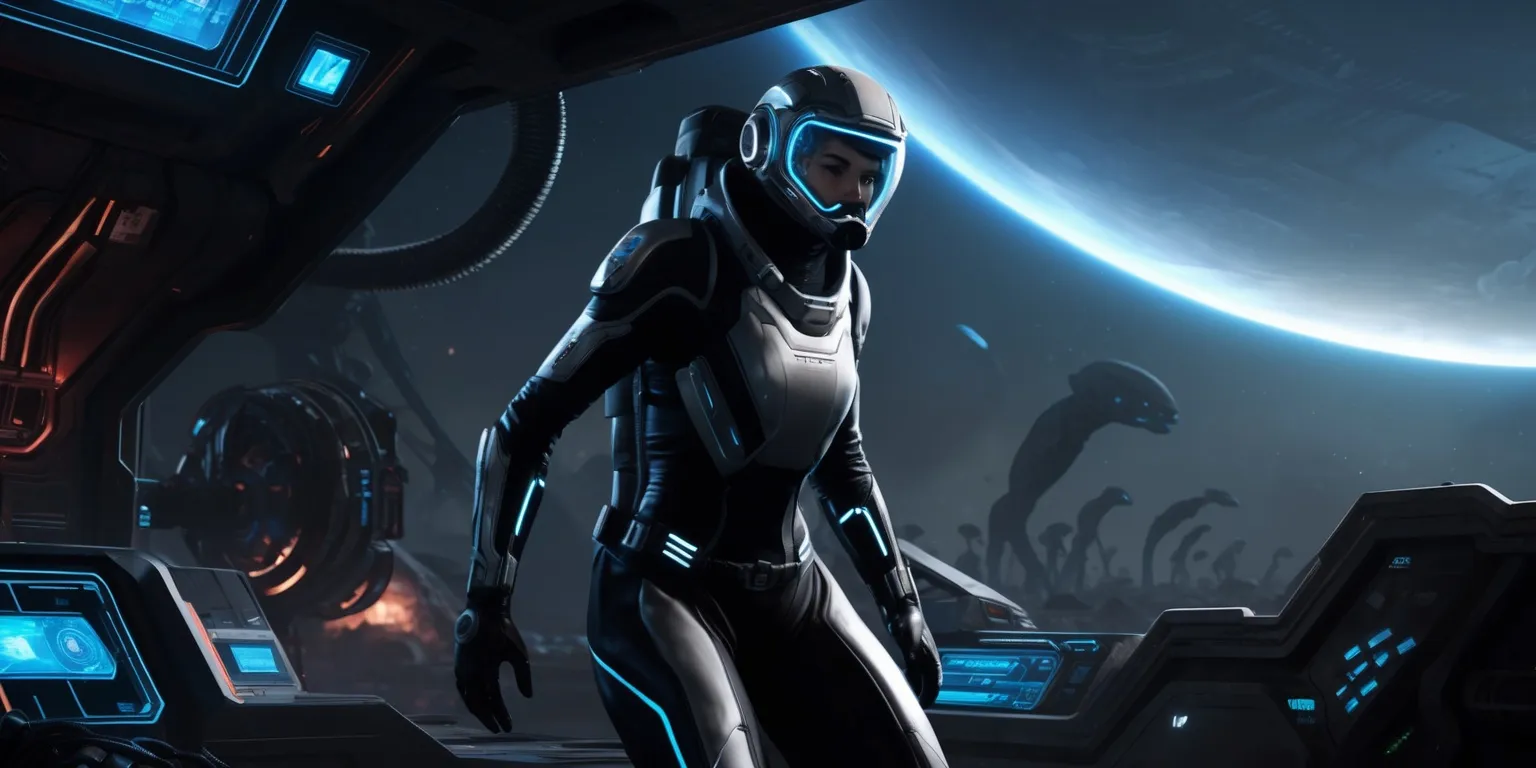 a futuristic sci-fi scene depicting a lone space explorer in a dimly lit alien environment, surrounded by neon-lit holographic interfaces and futuristic machinery, with a sleek black and silver exosuit adorned with glowing blue accents, the explorer's determined facial expression visible behind a reflective mask, set against a backdrop of a dystopian galaxy with distant stars and planets, the atmosphere is tense and ominous, with a hint of dynamic action and movement, the style is reminiscent of a roguelite action game, with bold lines, vibrant colors, and a mix of digital and industrial textures, the overall mood is dark, gritty, and intensely thrilling.