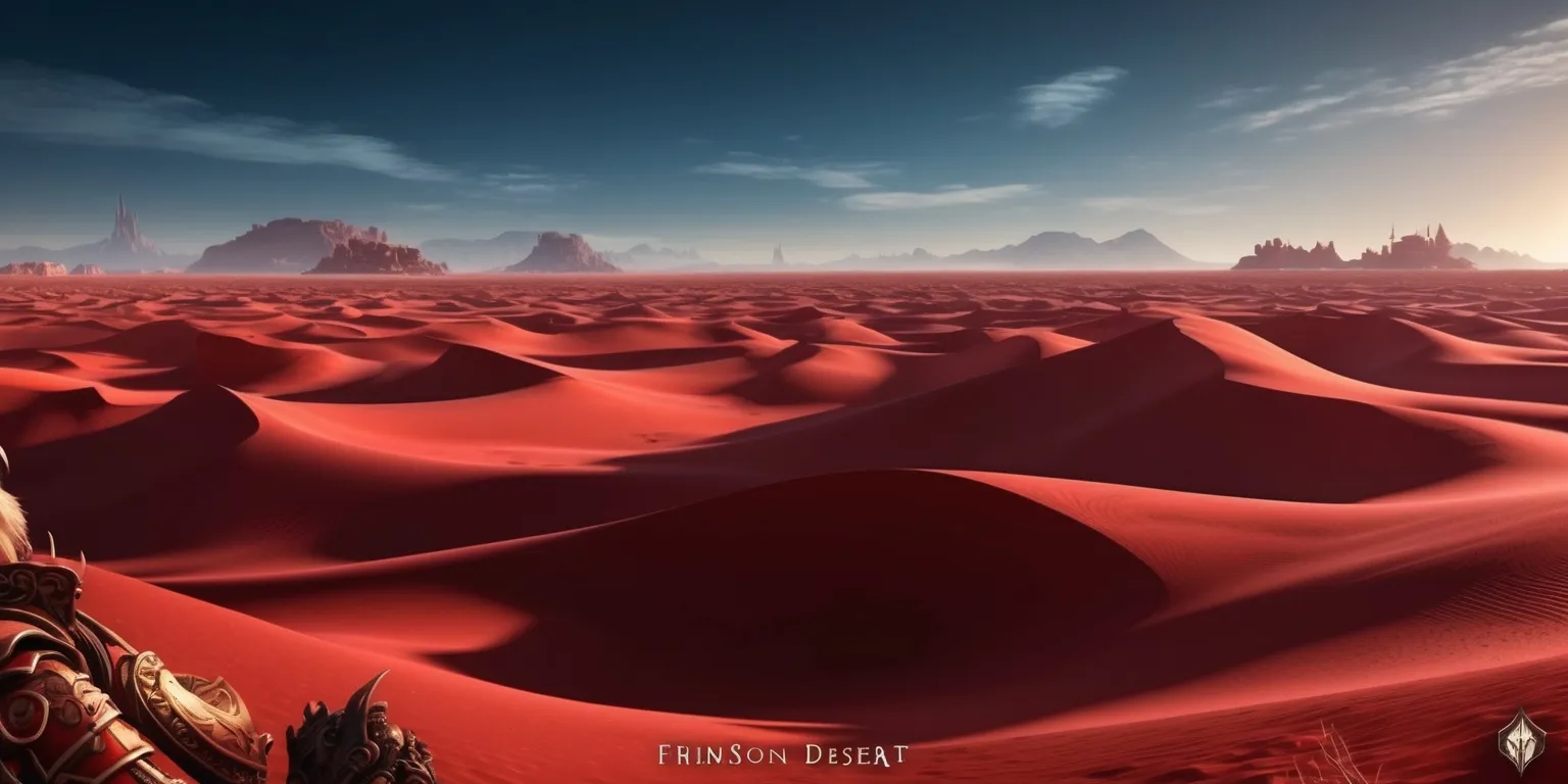 A vast desert landscape with crimson-hued sand dunes stretching towards the horizon, set against a backdrop of deep blue skies with a few wispy clouds, in the style of the Crimson Desert game, featuring intricate details and textures, with a warm color palette dominated by shades of red, orange, and brown, and a sense of adventure and mystery, with possibly a few characters or creatures from the game in the distance, such as warriors or mythical beasts, with intricate armor and unique accessories, and a subtle glow of magic or technology emanating from the scene, with a cinematic layout and framing, and a sense of depth and dimensionality.