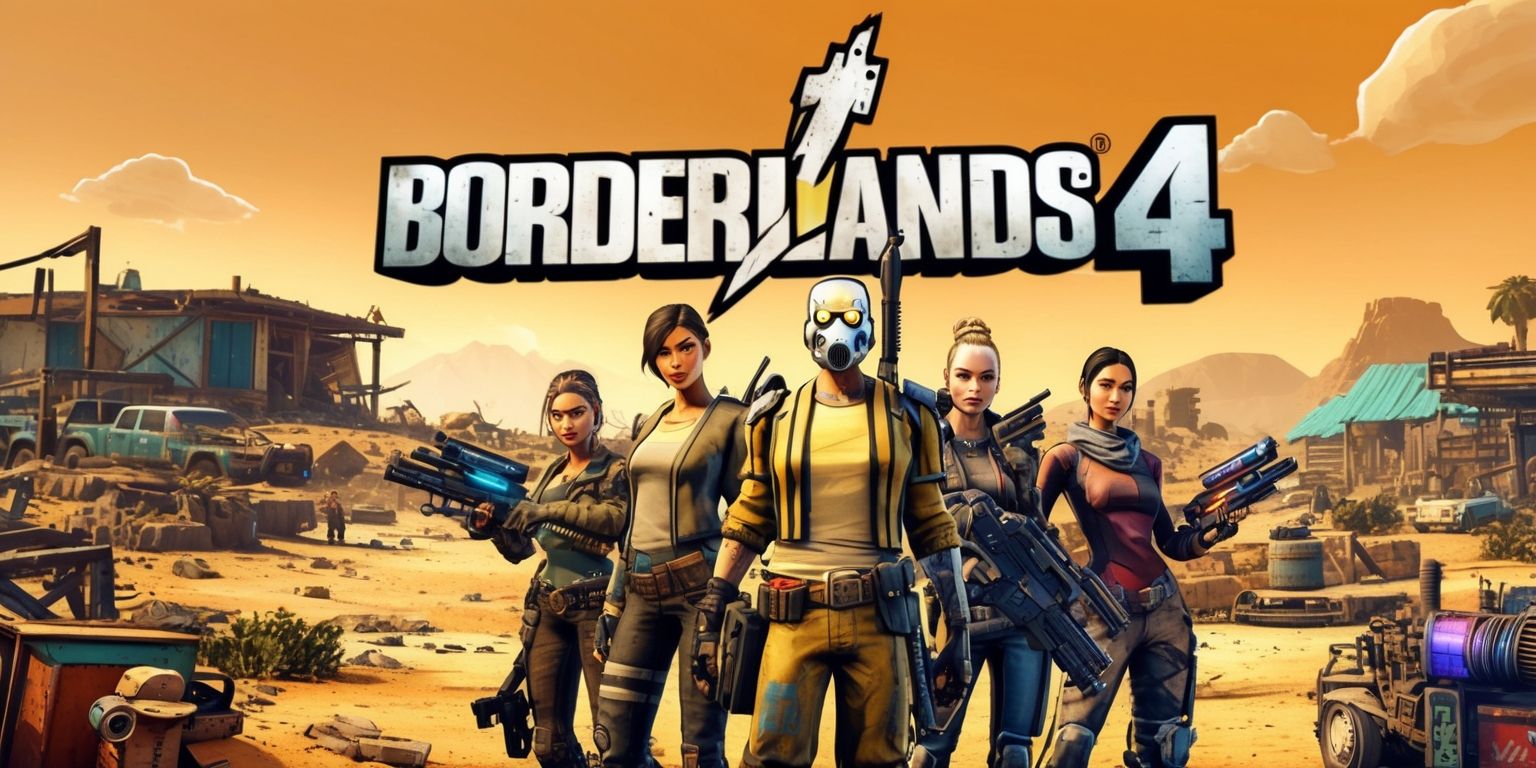 A vibrant, post-apocalyptic landscape inspired by the Borderlands 4 game, with a mix of rugged terrain, abandoned vehicles, and makeshift shelters, set against a dusty, orange-hued sky with a few stray clouds, featuring a prominent, worn, and weathered Borderlands 4 logo in bold, metallic letters, with the number 4 stylized in a gritty, industrial font, in the foreground, a group of four characters from the game, each with unique facial features, skin tones, and attire, stand back-to-back, equipped with an array of futuristic guns, swords, and other equipment, with a plethora of colors, textures, and details, showcasing the game's signature cel-shaded visual style.