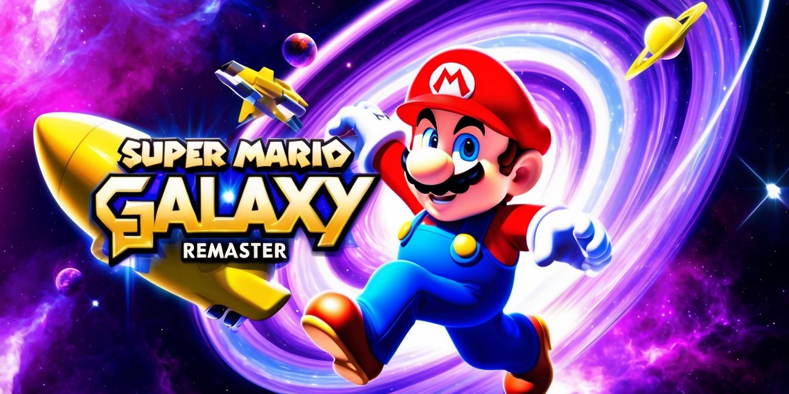A vibrant video game cover art featuring Super Mario in a dynamic pose, set against a stunning celestial background with swirling purple and blue galaxies, and iconic Mario Galaxy elements such as stars, planets, and a massive yellow spaceship, with Mario's red cap and blue overalls standing out, and a subtle glow effect around him, with the game's title Super Mario Galaxy Remaster written in bold, golden font at the top, and the Nintendo logo in white at the bottom, all on a high-definition digital display with a shallow depth of field, blurring the background galaxies and emphasizing Mario as the central figure.
