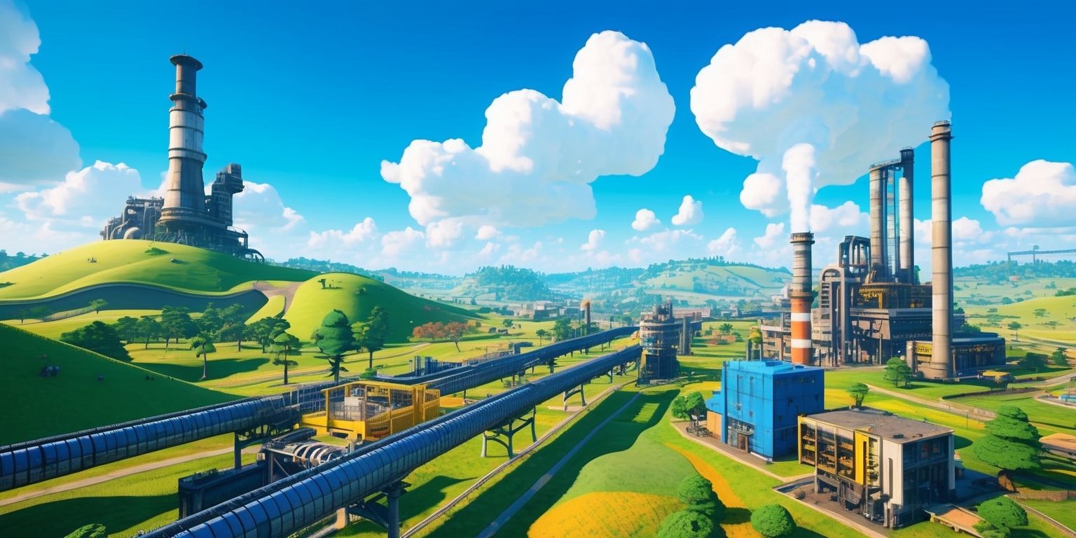 A futuristic factory landscape inspired by the Satisfactory game, featuring a vast open world with rolling hills and towering machinery, set against a bright blue sky with puffy white clouds, with a mix of industrial and natural elements, including conveyor belts, pipelines, and trees, in a vibrant color palette with shades of green, blue, and yellow, with a focus on the game's distinctive art style and a sense of scale and complexity, including various buildings and structures, such as factories, warehouses, and power plants, with a blend of realistic and stylized textures and details.