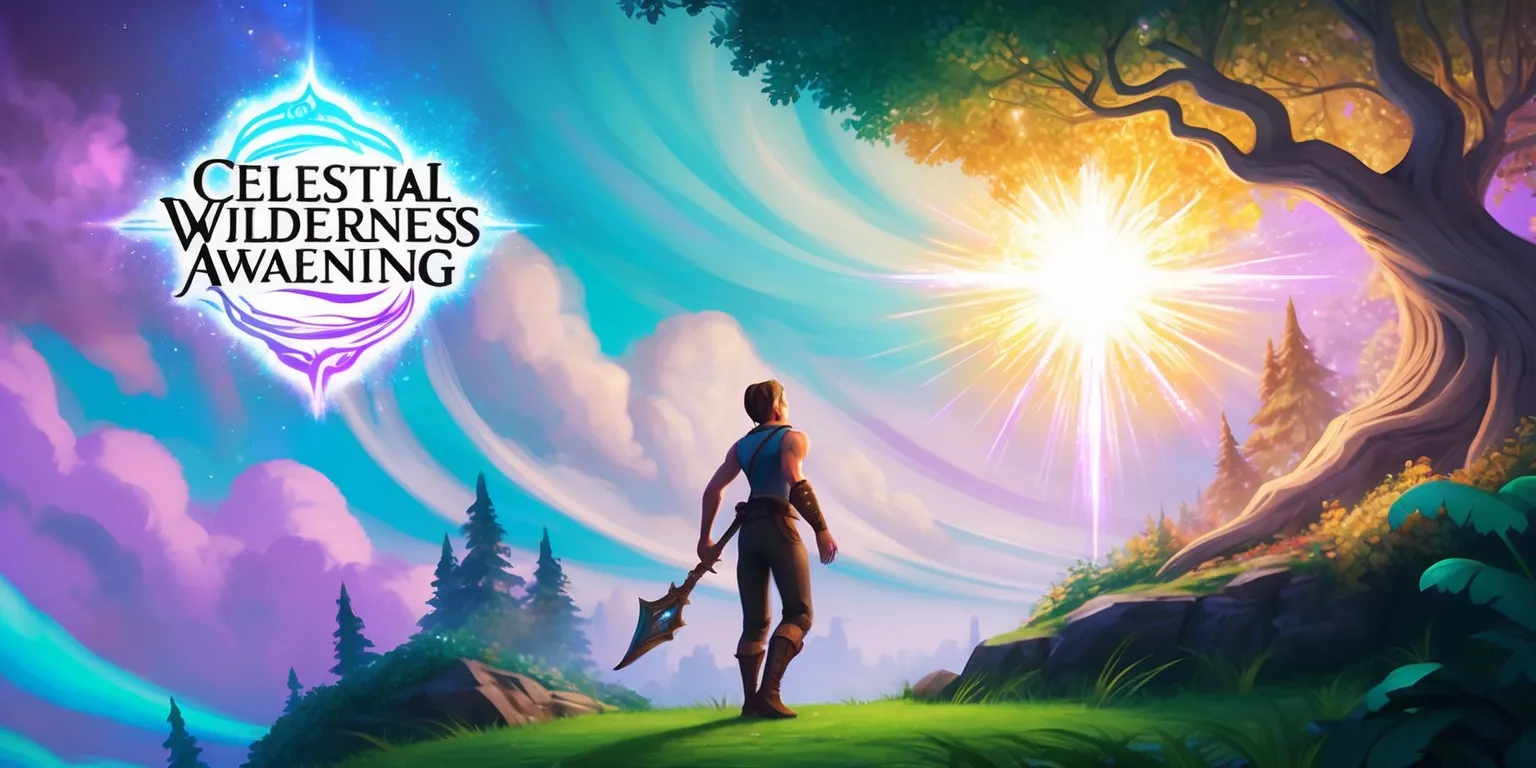 A mesmerizing digital art piece depicting the Celestial Wilderness Awakening game mode, set against a vibrant, ethereal backdrop with swirling clouds of pastel blue and purple, illuminated by radiant, shimmering starlight, as a lone, courageous adventurer with a determined expression, striking facial features, and a lean, athletic build, stands at the threshold of a lush, otherworldly forest, surrounded by towering, ancient trees with gnarled branches and trunks, their leaves a kaleidoscope of emerald green, amber, and golden hues, with a subtle, shimmering aura emanating from the trees, as the adventurer gazes upwards, eyes fixed on a celestial horizon, where a brilliant, glowing portal pulses with an intense, iridescent light, symbolizing the awakening of a new era, with the game mode's logo, a stylized, cursive font with a celestial, dreamlike quality, embedded in the upper left corner of the scene.