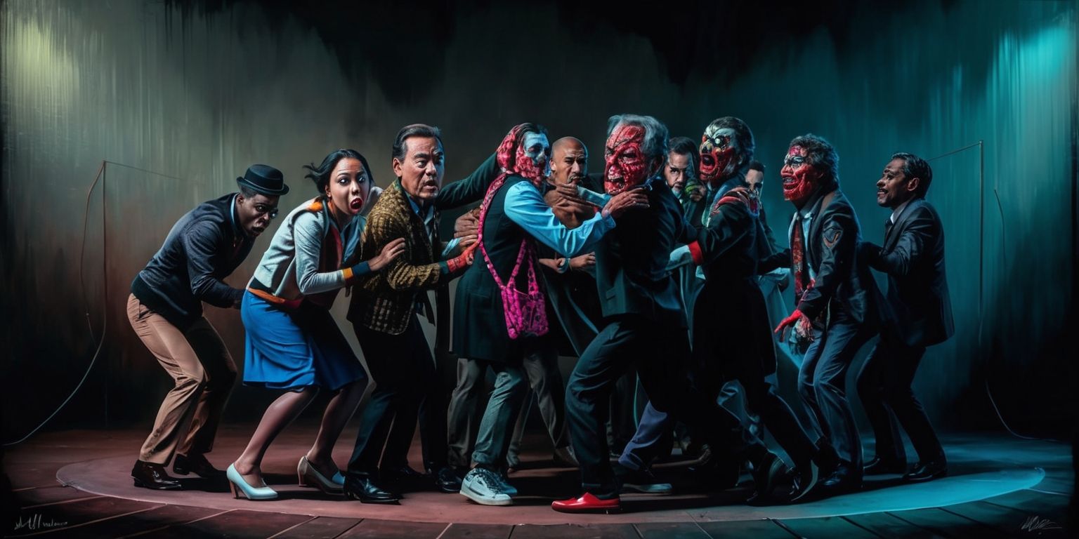 A dramatic and intense scene depicting a group of people engaged in a controversial imitation game, set against a dark and moody background with muted colors, the atmosphere is tense and foreboding, with deep shadows and faint highlights, the figures are dressed in modern attire with bold accessories, their facial features are distorted in a mixture of confusion and concern, with varying skin tones and unique attributes, the scene is framed tightly with a shallow depth of field, drawing attention to the central figures, with a faint glow of neon lights in the distance, adding a sense of unease and uncertainty to the overall mood, the style is hyper-realistic with bold brushstrokes and textures, inviting the viewer to question the true nature of the game and its participants.