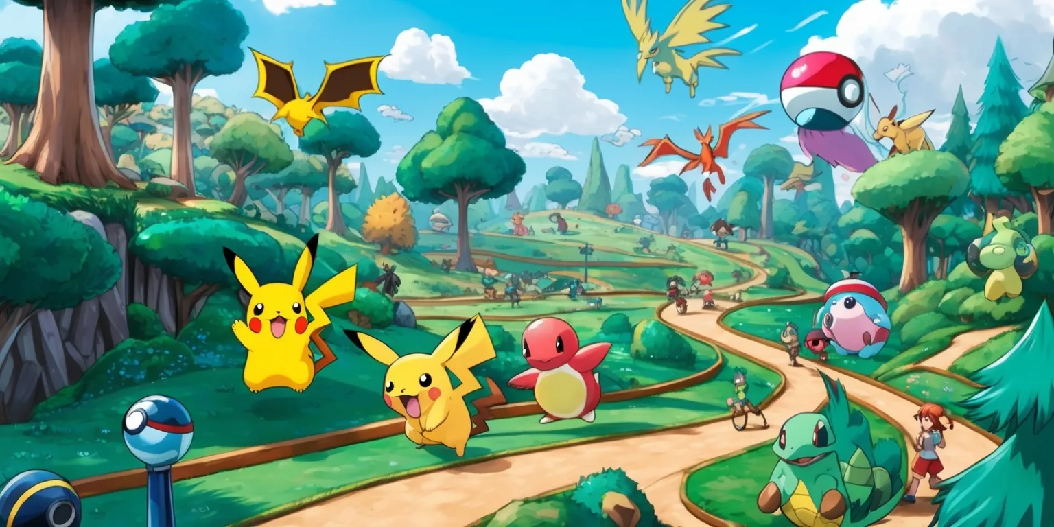 A vibrant and detailed scene depicting the world of Pokémon Pokopia, with a mix of lush green forests, towering trees, and winding paths, set against a clear blue sky with puffy white clouds, featuring various Pokémon roaming freely, such as Pikachu, Charizard, and Squirtle, with a few trainers and their partners in the distance, all rendered in a colorful and whimsical style reminiscent of classic Pokémon games, with bold lines, soft textures, and a sense of adventure and exploration, incorporating iconic Poké Balls, Pokédex, and other recognizable elements from the Pokémon universe, with a dynamic composition and a focus on capturing the sense of wonder and excitement of the Pokémon Pokopia game.