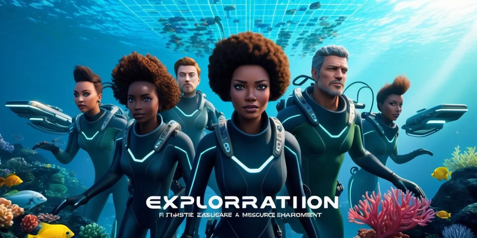 A realistic underwater scene depicting a futuristic exploration and resource management game, with a diverse team of explorers in sleek diving suits, featuring varying skin colors and facial features, including a woman with curly brown hair and a man with a strong jawline, surrounded by futuristic equipment and vessels, set against a backdrop of vibrant blue and green ocean hues, with sunlight filtering down from above, illuminating the seafloor and marine life, including colorful fish and coral, with a subtle grid pattern in the distance, hinting at the game's management aspect, and a sleek, modern font displaying the game's logo and interface elements, such as buttons and charts, in a metallic silver color, with a sense of depth and dimensionality, inviting the viewer to explore the underwater world.