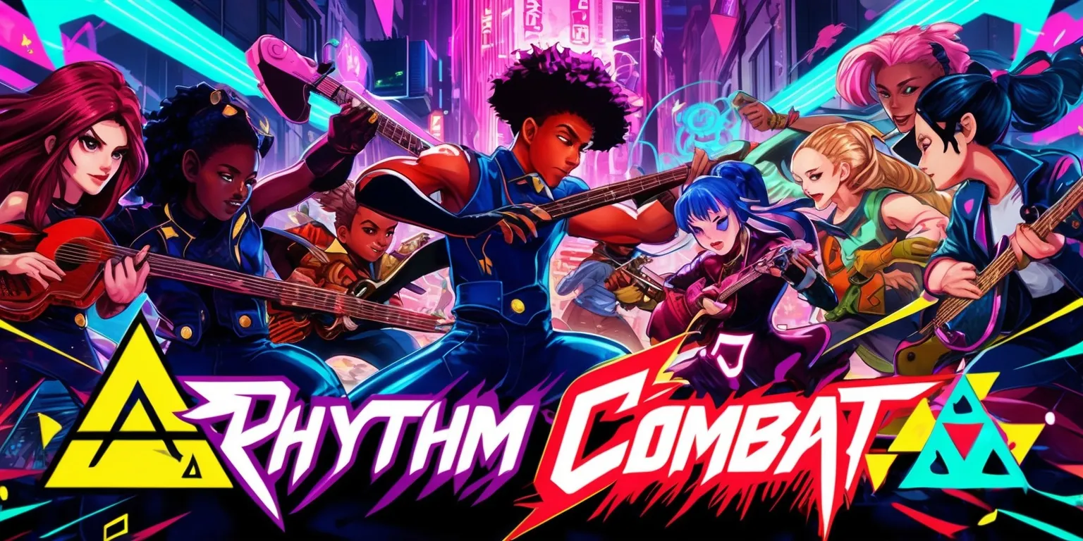 A dynamic digital illustration of a Rhythm Combat game scene, with vibrant colors and bold lines, featuring a diverse group of characters, each with unique facial features and skin tones, engaged in an intense music-based battle, set against a stylized urban backdrop with neon lights and pulsating rhythms, the characters' movements and instruments synchronized with the game's rhythmic elements, with a focus on energetic typography and logos, incorporating musical notes, triangles, and other shapes, blending fantasy and technology, in a visually striking and action-packed composition.