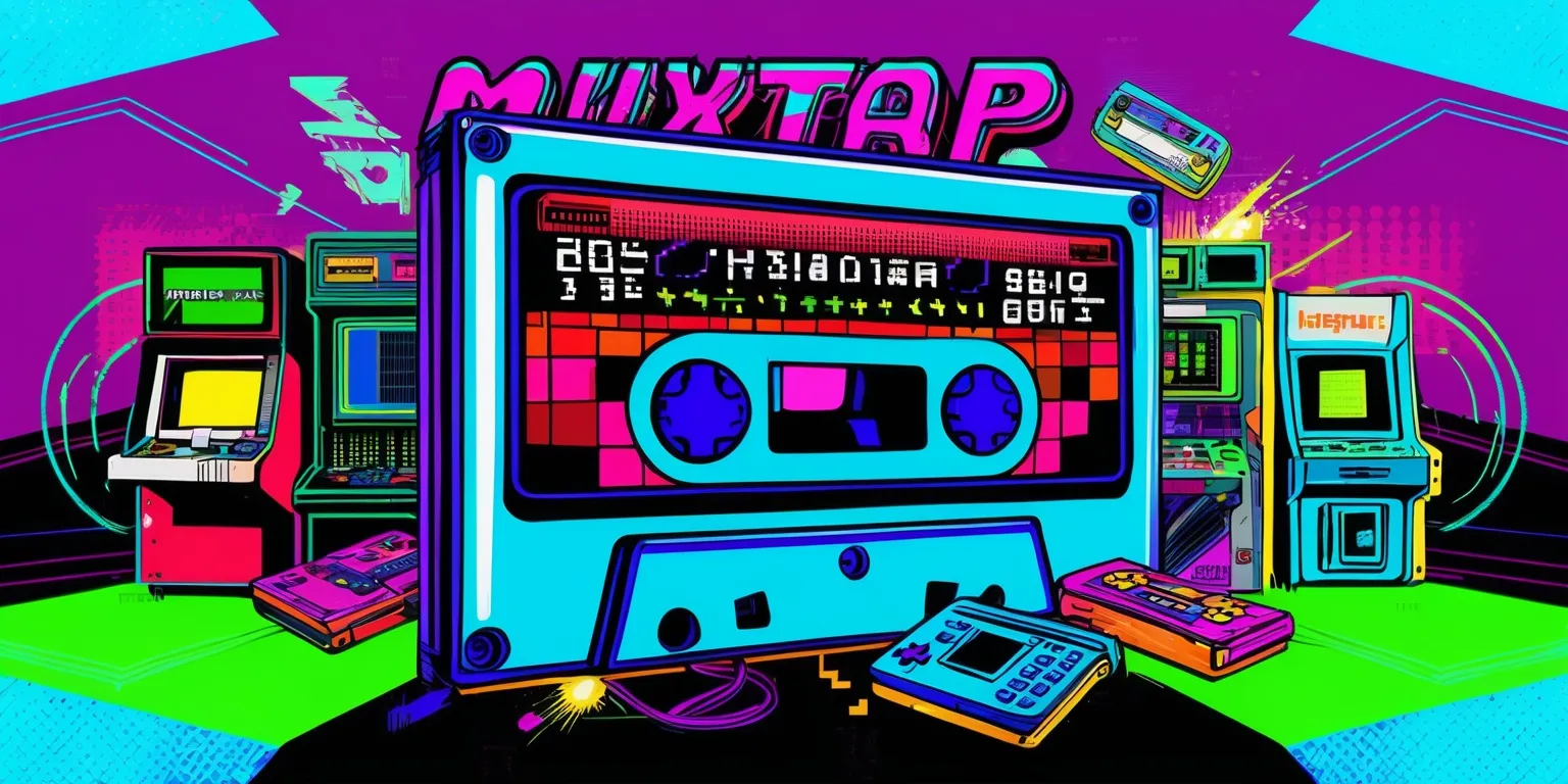 A colorful digital illustration of a retro-style mixtape with a gaming twist, set against a vibrant purple background with neon green and blue accents, featuring a cassette tape with a joypad and a screen displaying 8-bit pixel art, surrounded by nostalgic gaming elements such as old computers, arcade machines, and classic video game cartridges, with bold, playful typography and bright, glowing colors, incorporating subtle texture details and futuristic neon lights to create a lively, dynamic atmosphere, blending the nostalgia of old-school music and gaming with modern digital art styles.