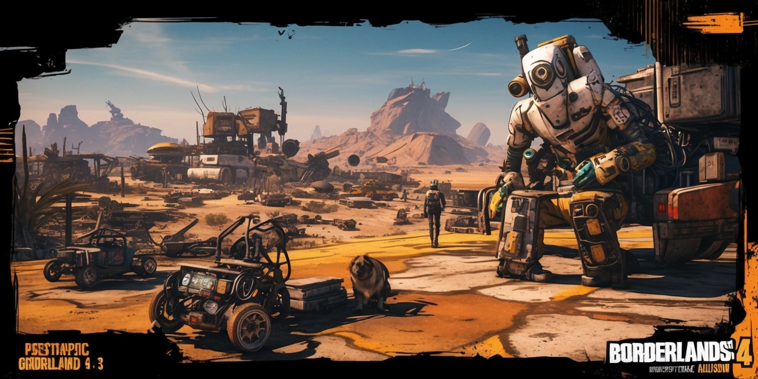 A futuristic, post-apocalyptic landscape with a worn, dusty aesthetic, set in the world of Borderlands, with a focus on the new characters, environments, and storyline of the hypothetical Borderlands 4 DLC, featuring a mix of vibrant, neon-lit colors and muted, earthy tones, with rugged, high-tech architecture and scavenged, makeshift vehicles, incorporating the series' signature stylized, graphic novel-inspired visual style, with bold lines, dramatic lighting, and dynamic composition, showcasing the game's eclectic blend of sci-fi and western elements, with a sense of gritty, high-octane action and adventure, set against a vast, open-world backdrop of sprawling deserts, abandoned settlements, and mysterious, alien landscapes.