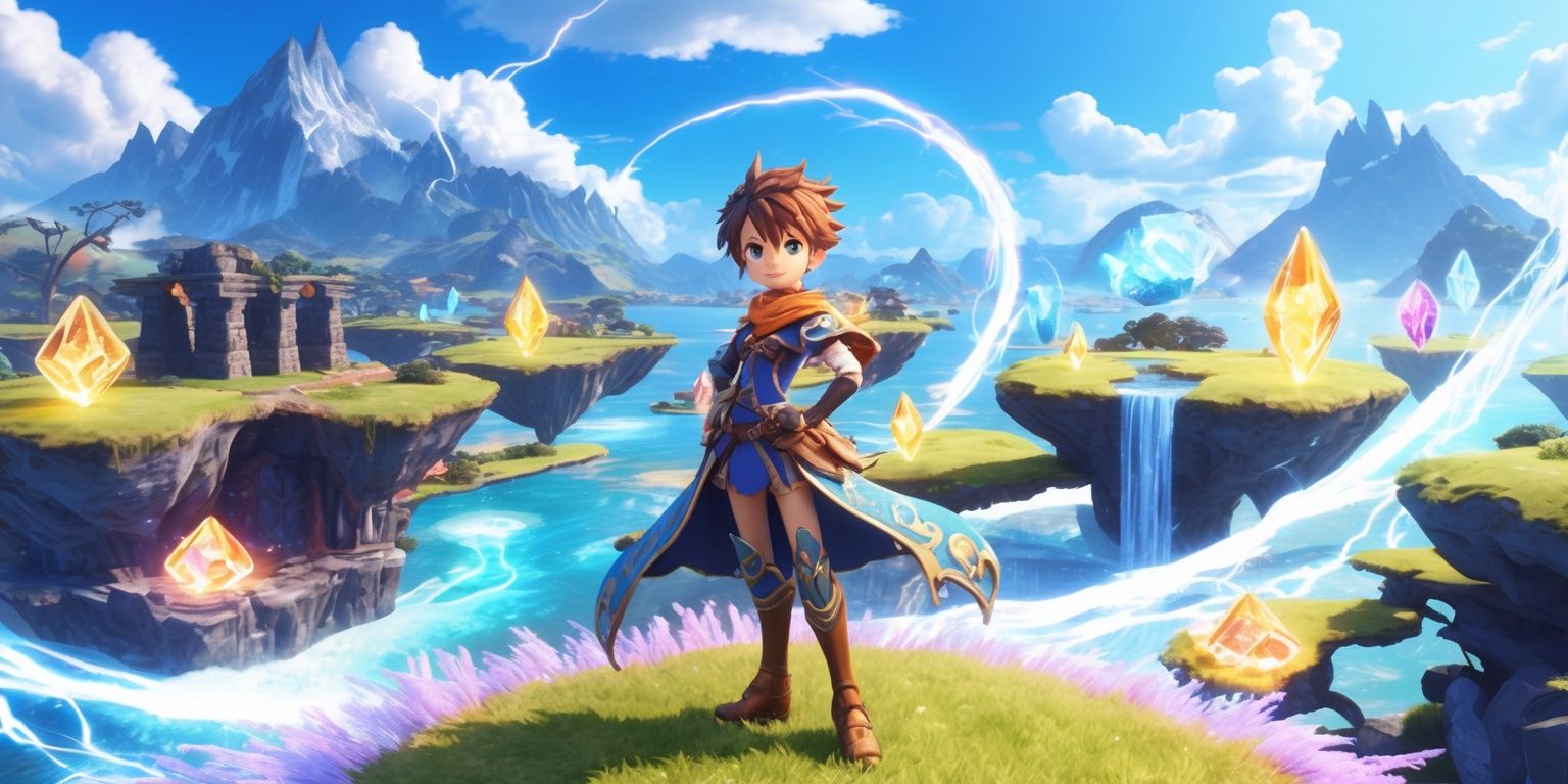 Genshin Impact game-inspired fantasy action RPG scene, featuring a vibrant open-world landscape with floating islands, dramatic mountain ranges, ancient ruins, glowing elemental crystals, winding waterfalls, and a bright blue sky filled with soft clouds. Center the composition on a youthful anime-style adventurer with expressive eyes, detailed hair, ornate fantasy clothing, and a confident pose, surrounded by subtle wind, fire, ice, and lightning effects. Use polished cel-shaded 3D game-rendered aesthetics, vivid colors, luminous magical particles, intricate costume details, cinematic lighting, dynamic perspective, and a richly layered environment that conveys exploration, adventure, and elemental magic.