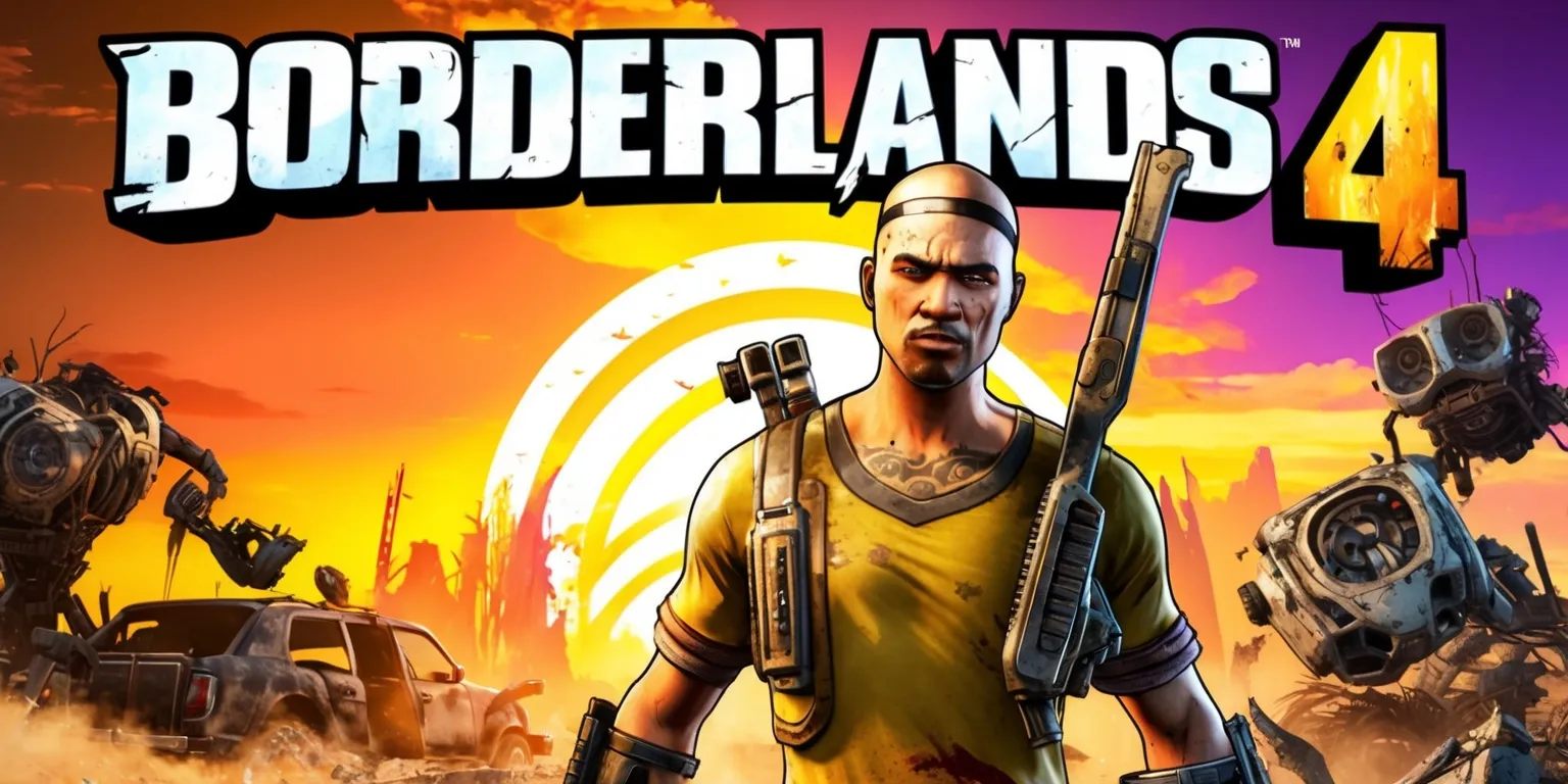 A futuristic video game poster for Borderlands 4 with a dusty post-apocalyptic landscape, featuring a gritty bounty hunter with a rugged facial expression, tan skin, and a distinctive tattoo on their left cheek, holding a high-tech assault rifle, standing in front of a worn-out vehicle, with a vibrant orange and purple sunset in the background, surrounded by destroyed robots and debris, with the game's title Borderlands 4 in a bold, metallic font with a distressed texture, and a tagline in a smaller, curved line above the title, with the colors of the game's logo, a mix of blue, green, and yellow, prominently displayed at the top of the poster.