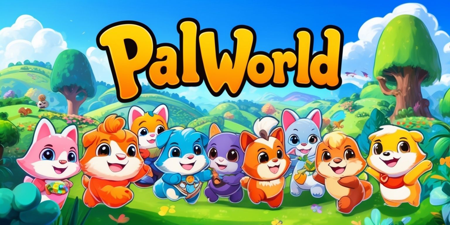 A vibrant and colorful digital illustration of the Palworld game, showcasing a variety of adorable Pals with distinct facial features and fur colors, set against a beautiful, lush landscape with rolling hills and towering trees, with a clear blue sky and fluffy white clouds in the background, the Pals are interacting with each other and their surroundings in a joyful and playful manner, with a mix of soft and bright colors, the illustration style is reminiscent of anime and video game art, with bold lines and delicate textures, the overall mood is one of wonder and excitement, capturing the essence of the game's unique blend of adventure and friendship.