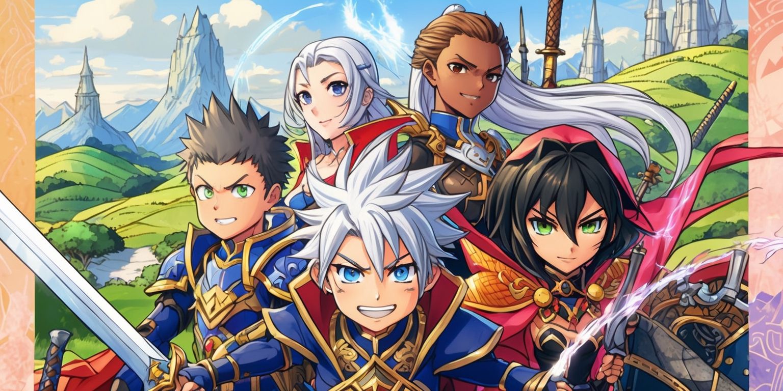 A vibrant and detailed illustration of a Japanese role-playing game scene, set in a fantastical world with rolling hills, towering spires, and majestic mountains in the background, featuring a group of characters with intricate anime-style costumes, each with unique facial features, expressive emotions, and diverse skin tones, including a brave hero with short spiky hair and piercing blue eyes, a skilled mage with long flowing silver hair and warm brown skin, and a mysterious heroine with striking green eyes and raven-black hair, all standing together in a heroic pose, surrounded by magical aura, swords, and ancient artifacts, with a mix of bright colors and soft pastel hues, blending traditional and digital media styles, and incorporating subtle texture and pattern elements to give the image depth and visual interest.